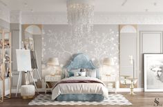 The delicate Fresq wallpaper and the Sagarti chandelier create a unique atmosphere of warmth and coziness