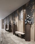 Rows of decorative sculptures in the lobby resemble either coral or air bubbles.