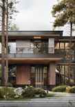 The facade of the house is made of thermally treated wood, ceramic granite, and metal.