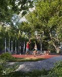 Basketball court with young people surrounded by greenery on a Studia 54 property