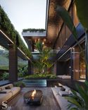 Each floor has access to a terrace. On the terrace, there are lounge areas, a fireplace, and a jacuzzi
