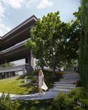 Contemporary landscape design with stairs and a woman in front of Studia 54 architecture