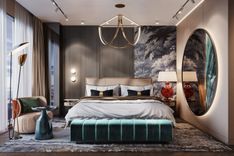 Poltrona Frau bed, Longhi bedside tables, Alex Allen Studio chandelier